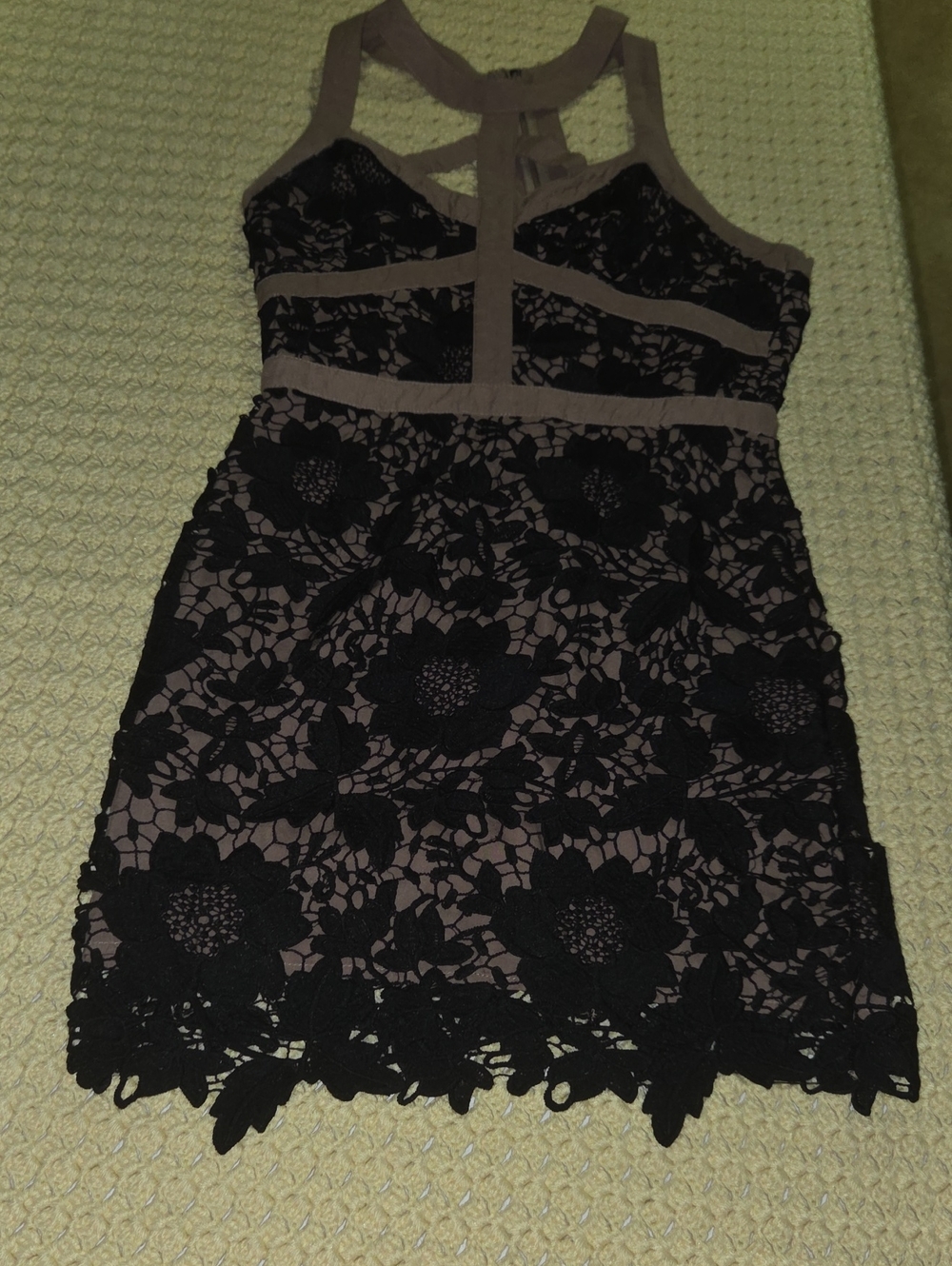 Black Lace Mini Dress with Taupe Underlay